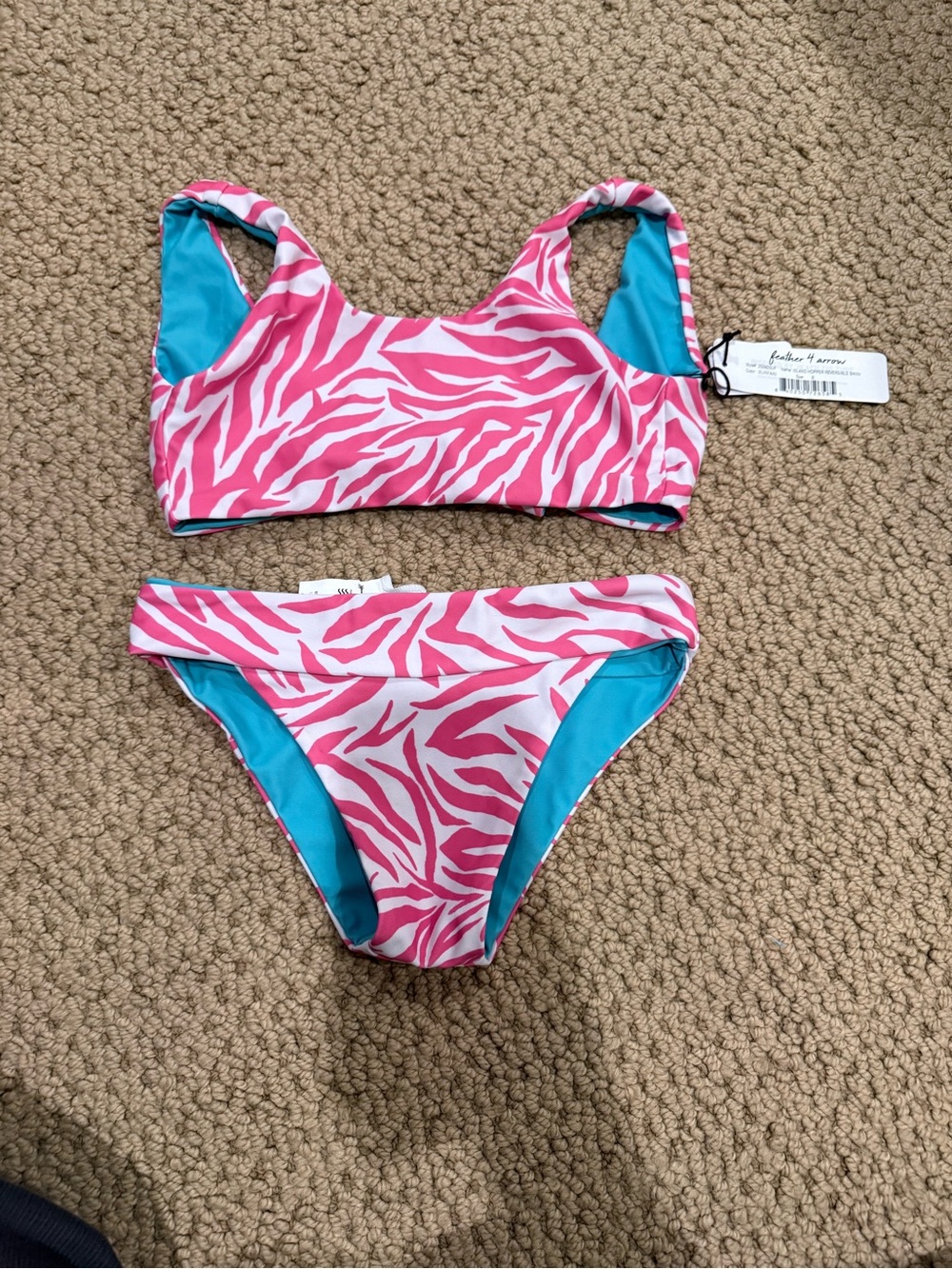 Feather 4 Arrow Girls' Pink Zebra Print Bikini Set with Blue Lining